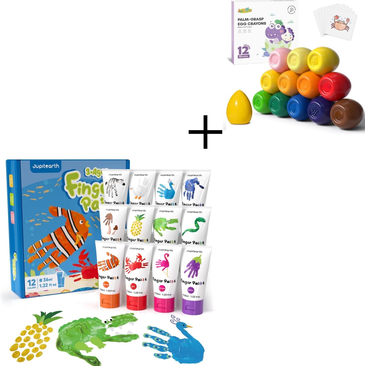 JUPITEARTH 12 Colors Egg Crayons for Toddlers 1-3+ 12 ColorsWashable Finger Paint for Toddlers
