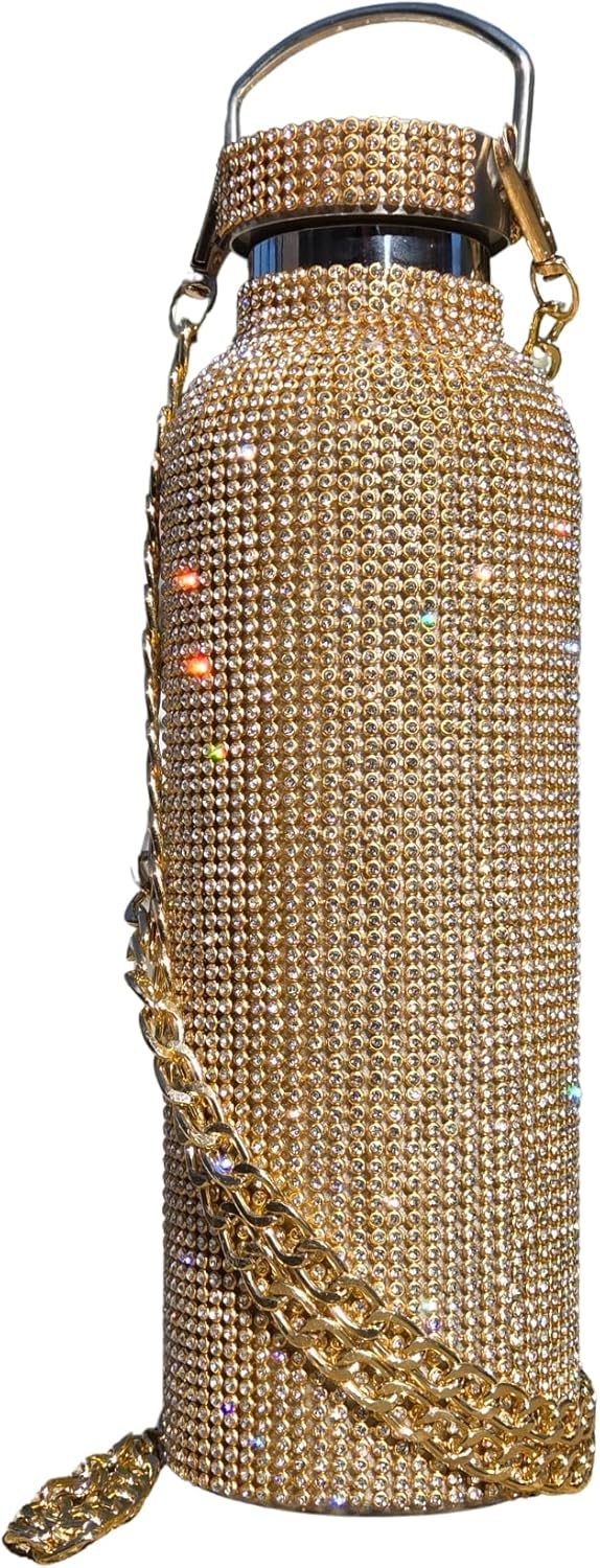 Gold Bling Water Bottle Bedazzled with 5000 Rhinestones & Crossbody Gold Chain, 25oz Stainless Steel Vacuum Insulated Tumbler, Leak Proof, Keeps Drinks Cold 24h and Hot 6h