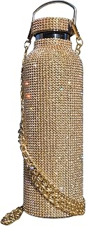 Gold Bling Water Bottle Bedazzled with 5000 Rhinestones & Crossbody Gold Chain, 25oz Stainless Steel Vacuum Insulated Tumbler, Leak Proof, Keeps Drinks Cold 24h and Hot 6h