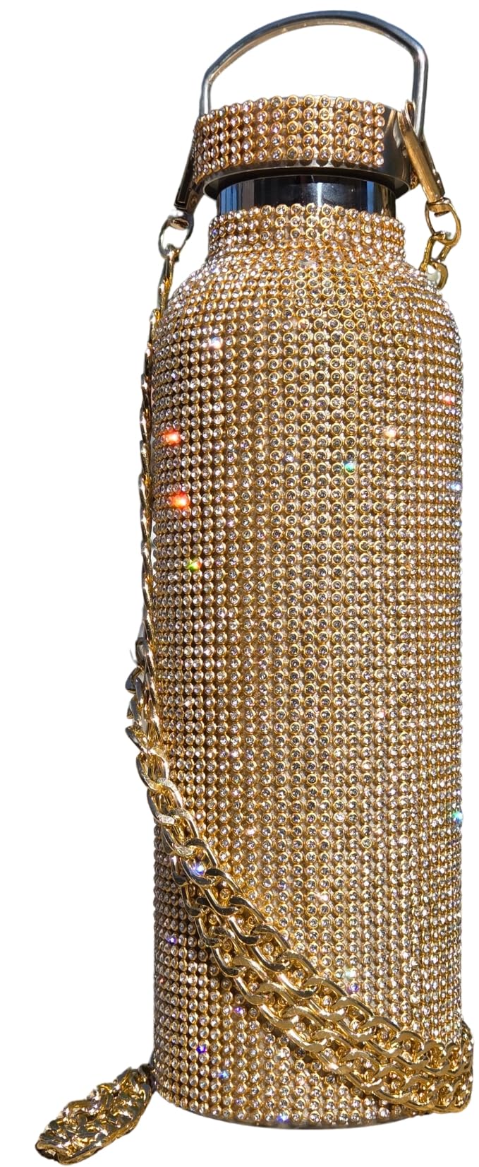 Sweet Lily Gold Bling Water Bottle Bedazzled with 5000 Rhinestones & Crossbody Gold Chain, 25oz Stainless Steel Vacuum Insulated Tumbler, Leak Proof,