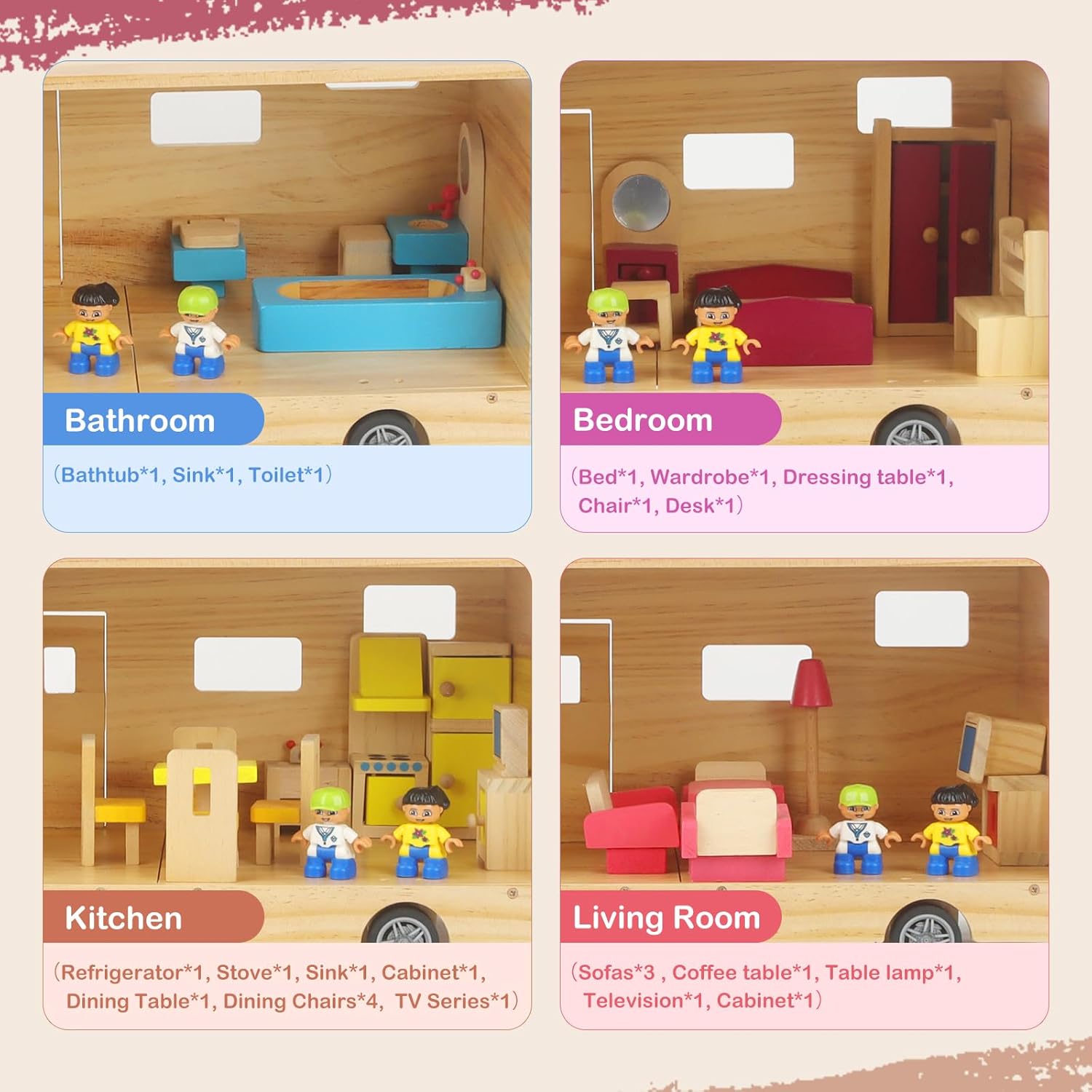 RV Camper Dollhouse for Kids, Wooden Rolling Motorhome with Full Furniture Set, Travel Doll House Toy with Miniature Rooms for Boys & Girls, Pretend Play Adventure Home