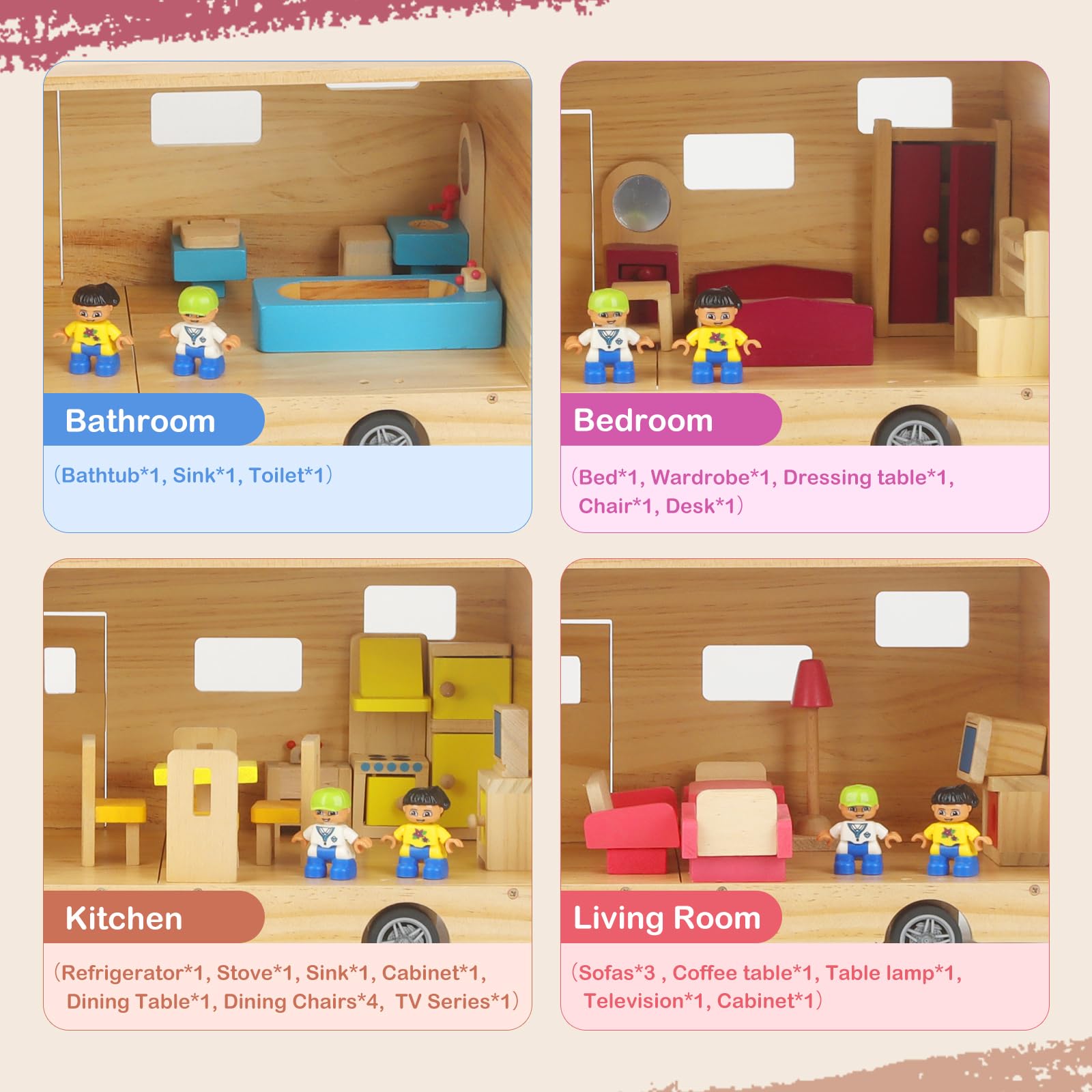 Wohnmobil, Puppenhaus für Kinder, Holz, rollendes Wohnmobil mit kompletten Möbeln | Reise Puppenhaus Spielzeug mit Miniaturräumen für Jungen & Mädchen Pretend Play Adventure Home