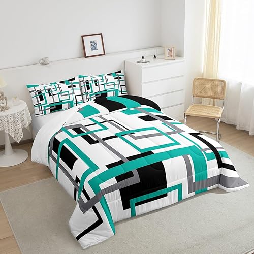 Miniatura 4 de Erosebridal Juego de edredón cuadrado para adolescentes y jóvenes, juego de ropa de cama negro, blanco y azul, juego de edredón geométrico moderno