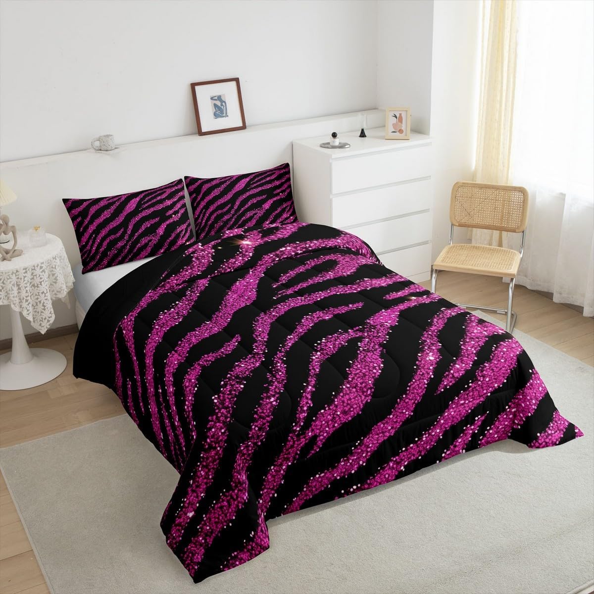 Feelyou Zebra Comforter Set Queen Size Hot Pink Stripes Bedding Set for Boys Girls Teens Glitter Comforter Women Men Animal Print Duvet Set with 2 Pillow Case