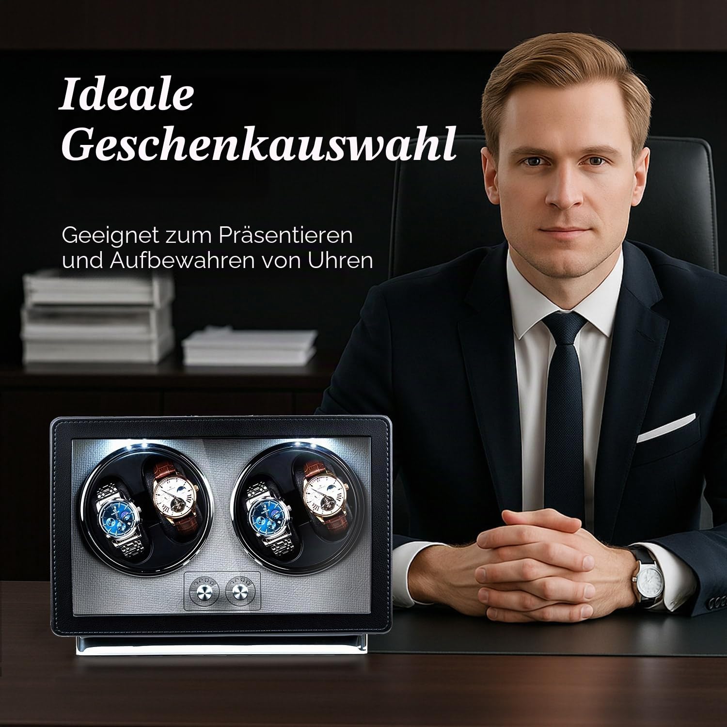 Mcbazel Automatischer Uhrenbeweger für 4 Uhren, PU-Leder Uhrenbox mit Ultraleisem Motor und LED-Licht, 4 Modi für Automatikuhren, USB-C & Batteriebetrieben - Schwarz