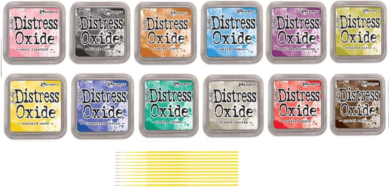Ranger Distress Oxide Bundles - Includes 12 Distress Oxide Colors with PTP Flash Deals Detail Sticks (Set 4-12 Ink Pads)