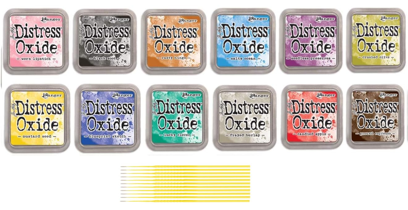 Ranger Distress Oxide Bundles - 12 Water-Reactive Distress Oxide Ink Colors 0.5 fl oz Bottles - with Purple Turtle Detail Sticks (Set 3-12