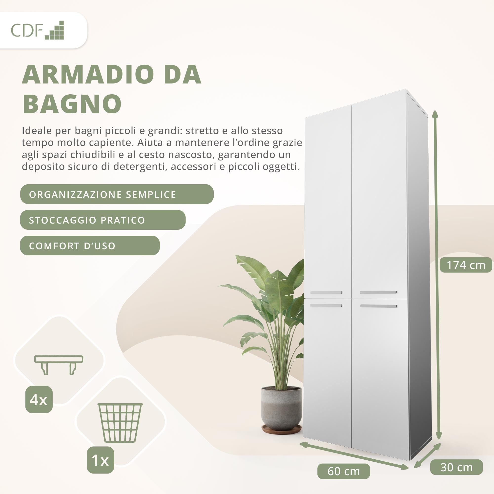 CDF Mobile da Bagno con Armadietti e Ante Bianco Colonna Bagno Salvaspazio 1 Cesto per la Biancheria Mobile Alto a Colonna Cesto Portabiancheria Armadio Bagno 174 x 60 x 30