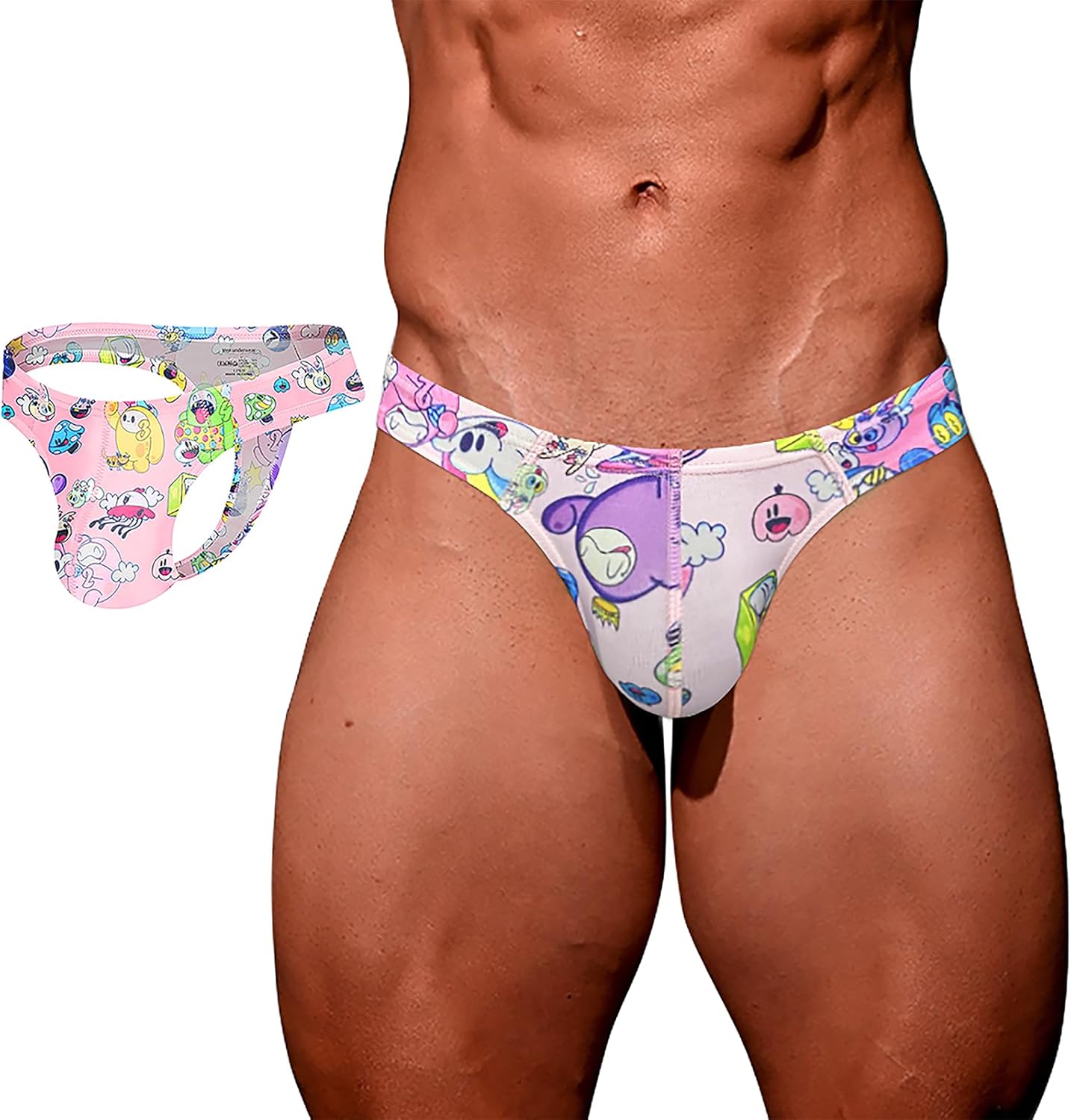 Cute Cartoon Thongs High Cross Men's G String Sexy Low Rise Graffiti Print Underwear