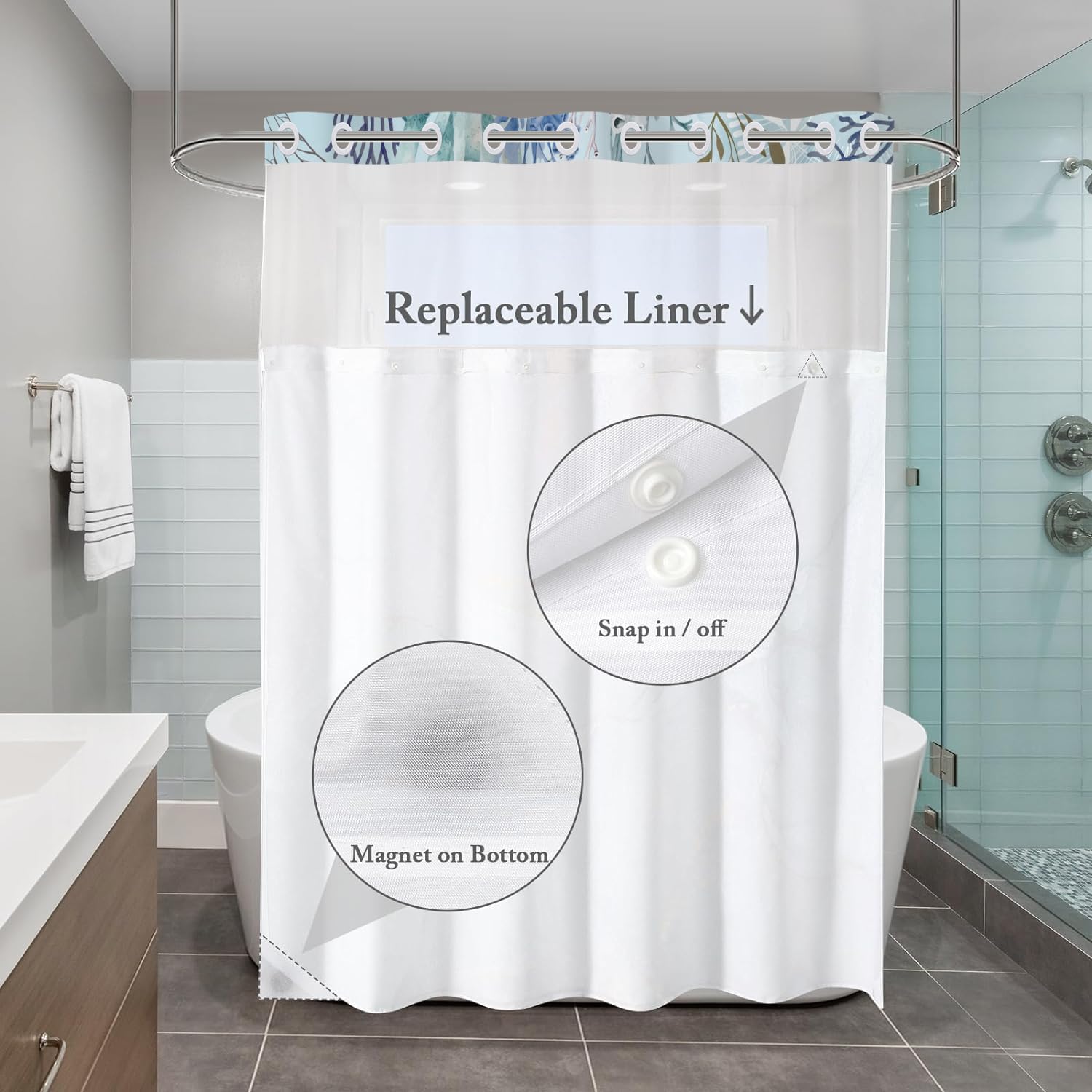 No Hook Shower Curtain with Snap in Liner, Hotel Style Blue Sea Turtle Nautical Coastal Beach Themed Shower Curtain Waterpoof Washable with See Through Top Window,71"x74"