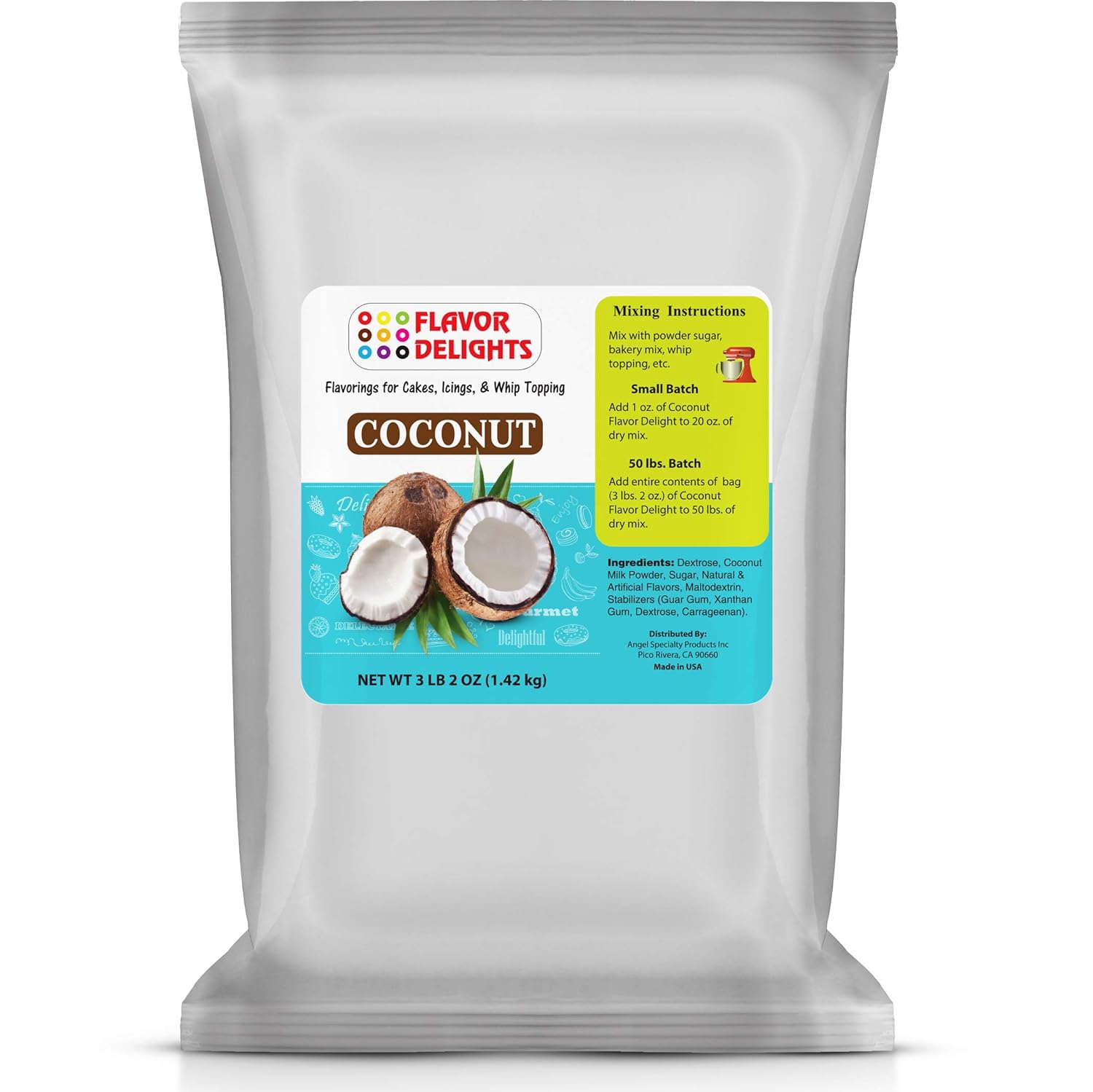 Flavor Delights by Angel Specialty Products: Flavored Powder Bakery Mix > Passion Fruit, Pistachio, Pumpkin Pie, Strawberry (Coconut, 3 Pound Bag)