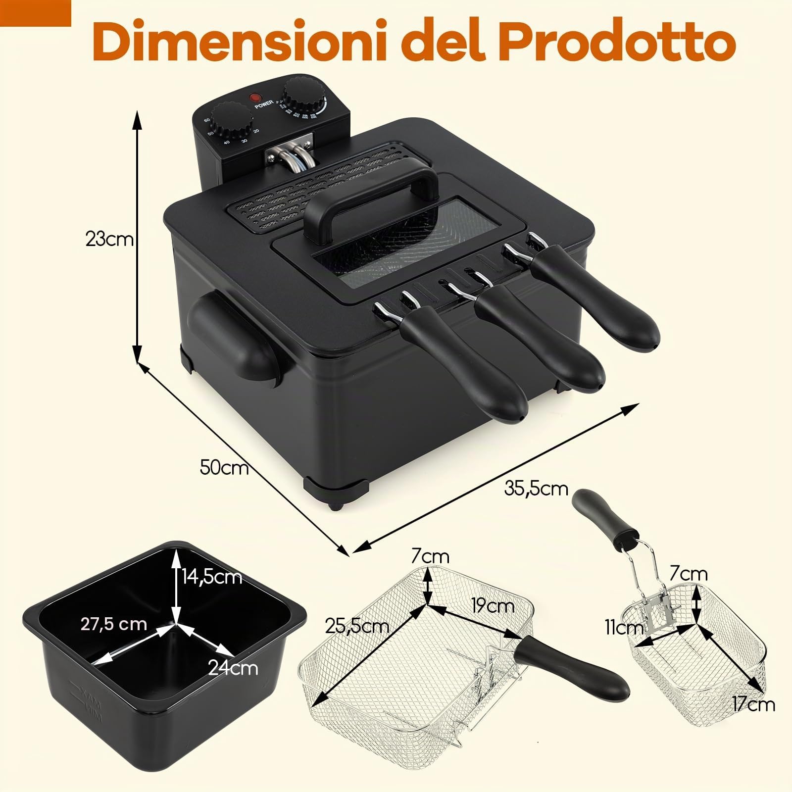 COSTWAY Friggitrice ad Olio 5 L, con 1 Cestello Grande e 2 Piccoli, Temperatura e Timer Regolabili, Friggitrice Elettrica Smontabile con Protezione dal Surriscaldamento, Potenza 1700 W
