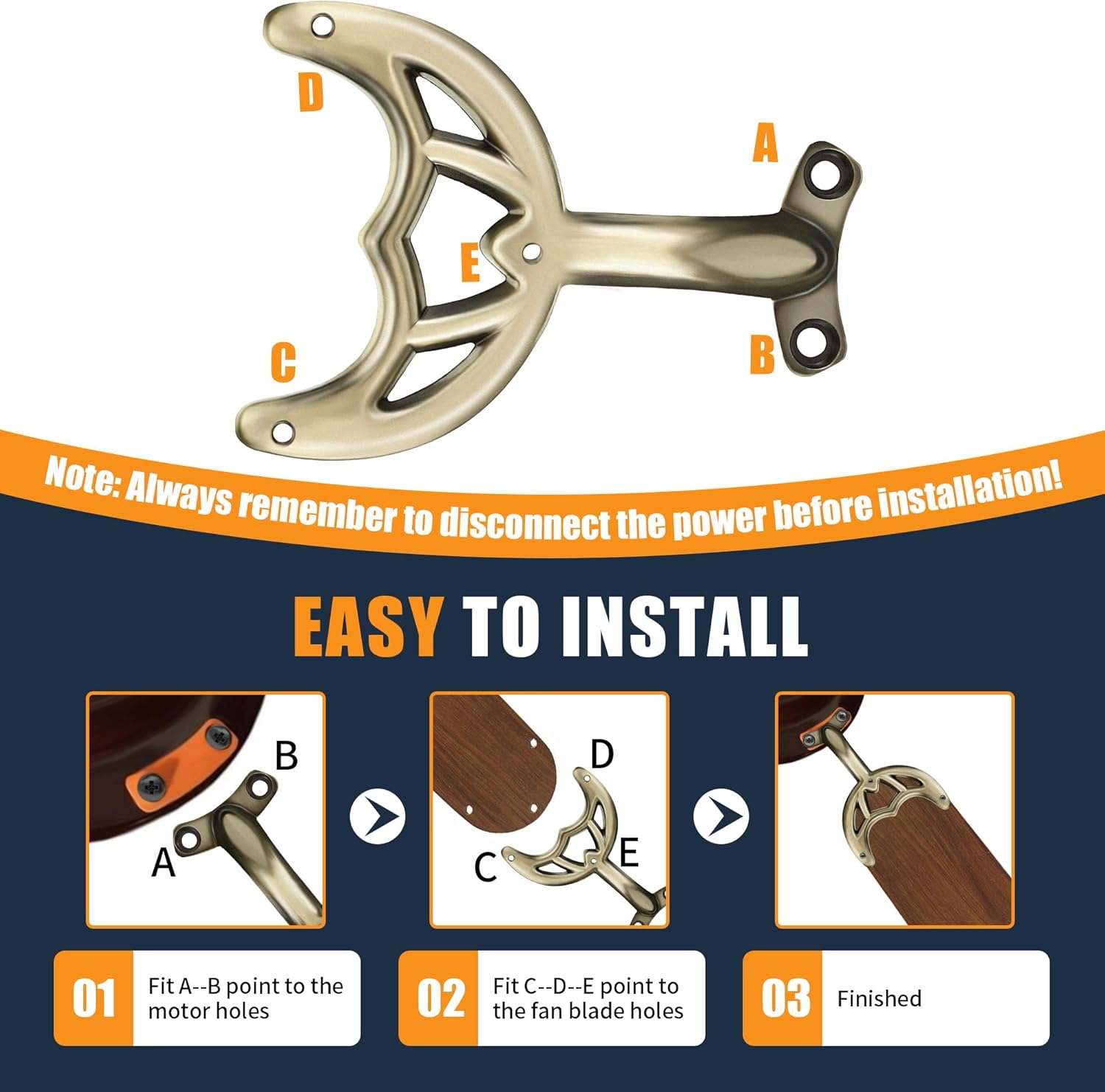 Dreyoo 5 Pack 42'' Ceiling Fan Blade Arms Replacement Compatible with Westinghouse Lighting 7740200, with 15 Pcs 1/2'' Mounting Screws, Antique Brass Fan Blade Arms, Easy to Install