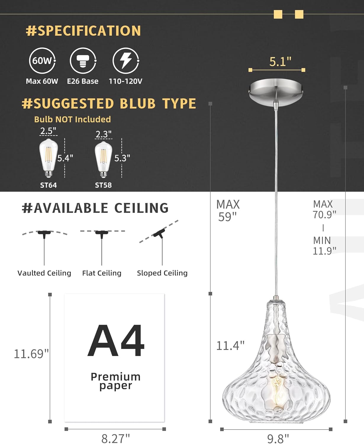 AUTELO Glass Kitchen Pendant Lights Pendant Light Fixture with Hammered Glass Hanging Light for Kitchen Island Living Room Dinning Room H9164