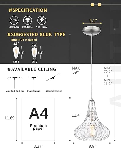 Miniatura 2 de AUTELO Lámpara colgante de cocina de vidrio con luz colgante de vidrio martillado para isla de cocina, sala de estar, comedor H9164