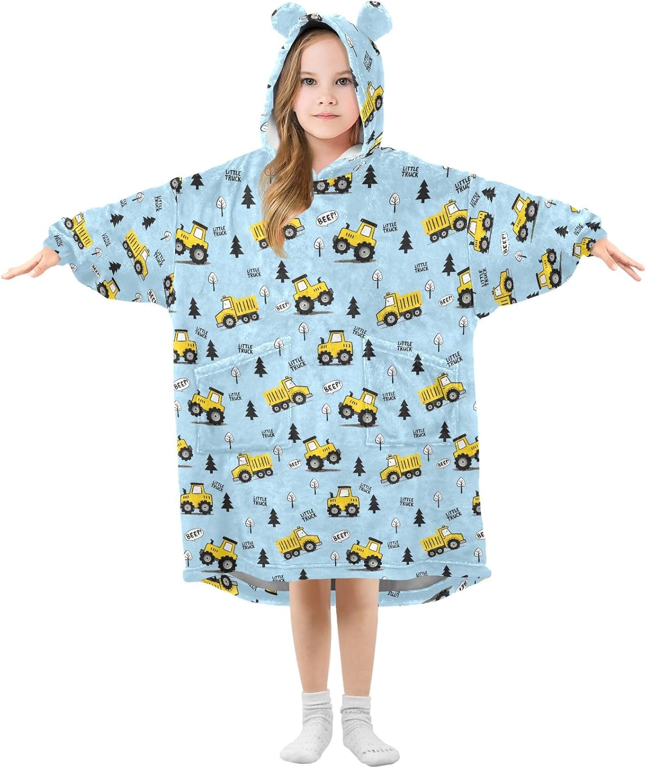 Cute Bluetruck Cartoon Pattern Wearable Blankets for Kids, Soft Warm Cozy Blanket Hoodie for Boys Girls with Pocket
