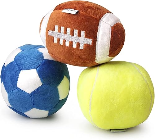Paquete de 3 pelotas interactivas para perros pequeños y medianos, pelotas de fútbol, fútbol y tenis para perros, rellenas de juguetes esponjosos