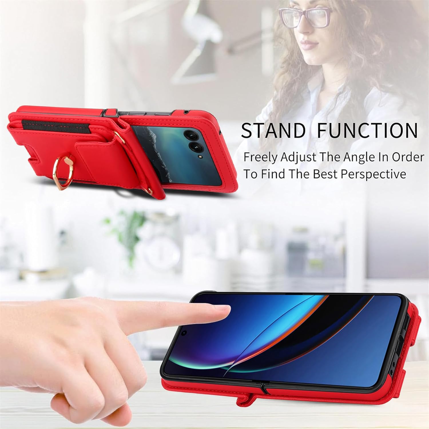 Asuwish Phone Case for Moto Razr 50/Moto Razr 2024 Wallet Cover with Ring and Crossbody Wrist Strap Lanyard Credit Card Holder Slot Stand Cell Leather Purse INE-LX1 Razor Razer Women Men Girls Red