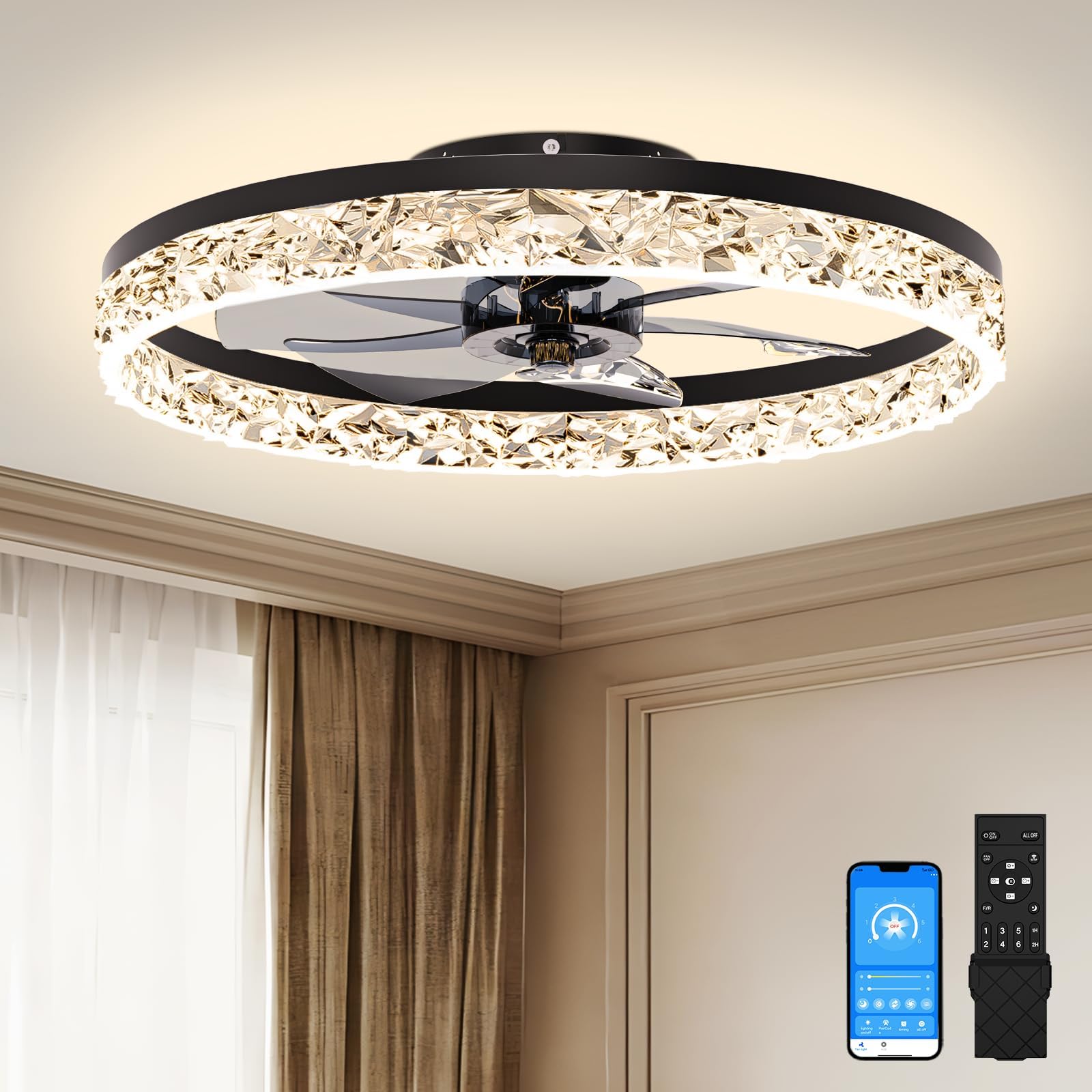 VOLISUN Fandelier Ceiling Fans with Light, 23.6in Low Profile Ceiling Fan with Light and Remote, 3000K-6500K Dimmable Bladeless Ceiling Fan Flush Mount, Black Modern Ceiling Fan with Light for Bedroom