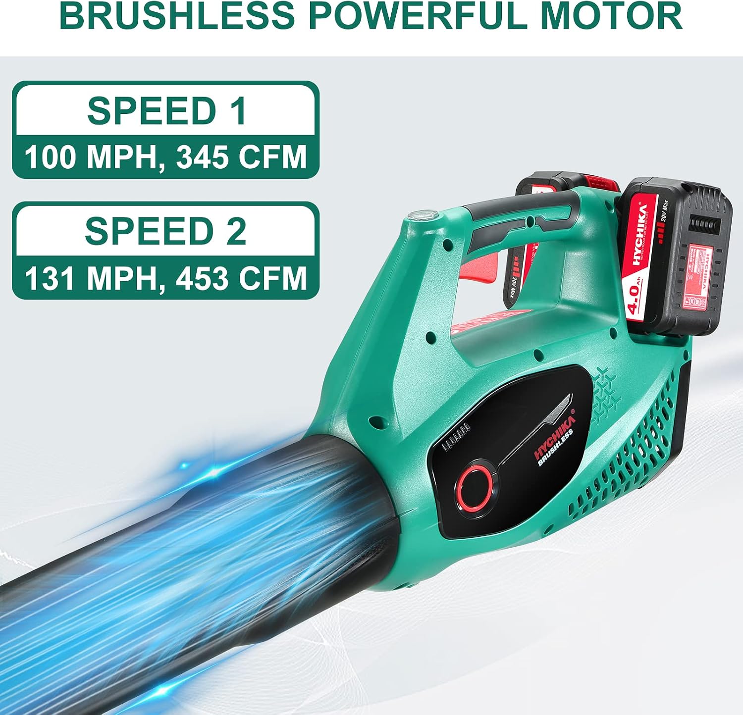 HYCHIKA 40V Cordless Leaf Blower Brushless,453CFM 131MPH Variable Speed 22500RPM,Electric Leaf Blower+2PCS 4.0Ah Li-ion Batteries & Charger,Handheld Sweeper for Blowing Leaves,Dust,Debris,Snow Blower
