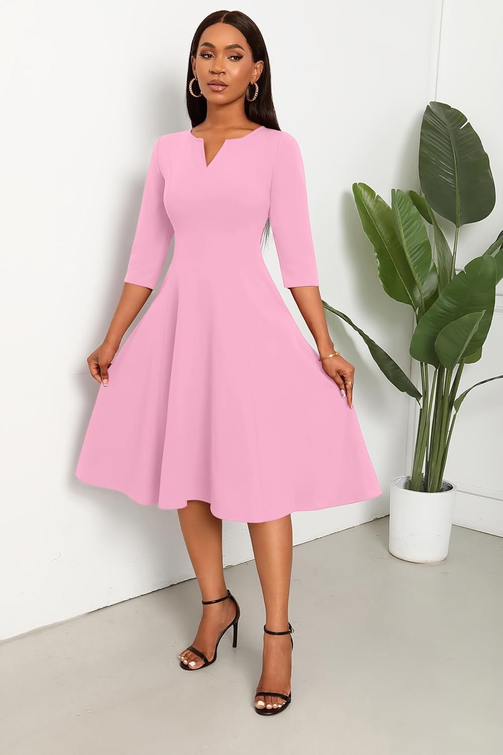 Nmoder Midi Dresses for Women A-Line Fit and Flare Dress 3/4 Sleeve V Neck Cocktail Wedding Guest Work Dress with Pockets - Image 3