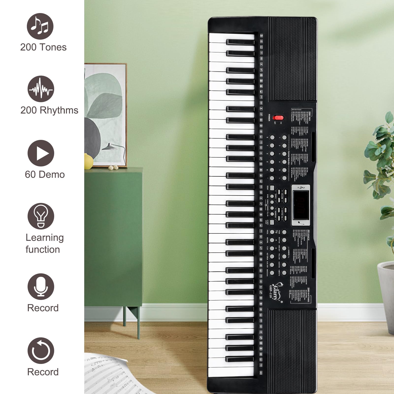 Bonnlo GEP-110 Clavier à 61 Touches avec Support de Piano, Banc de Piano, Haut-Parleurs Intégrés, Casque, Microphone, Repose-Partition, écran LED, Piano Numérique 3 Modes d'Enseignement pour Débutants