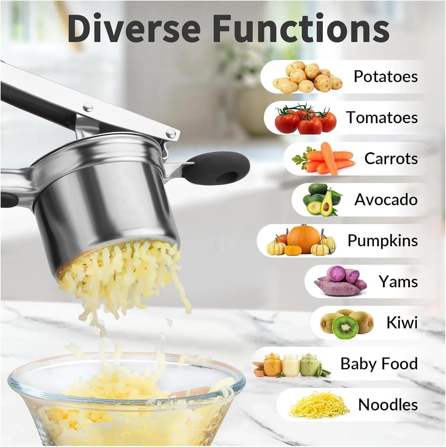 1PC stainless steel potato ricer with silicone handle and replaceable chassis potato mashers presses mashing mashed potatoes(L Size)