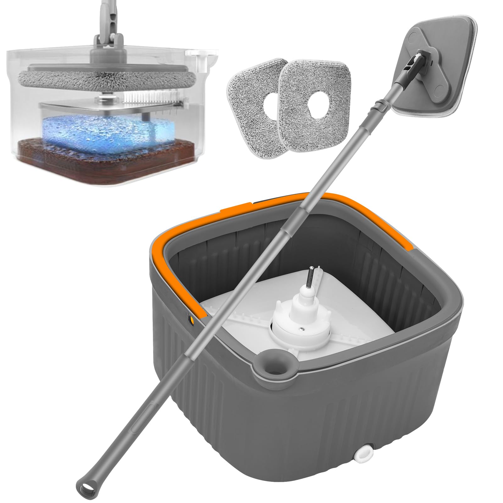 Mopa Fregona con Cubo Escurridor, 360 ° Rotación Telescópica Fregona Autoescurrible, Separación De Agua Limpia Y Sucia, Equipado con 2 Almohadillas Reutilizables, Adecuado para Una Variedad De Pisos