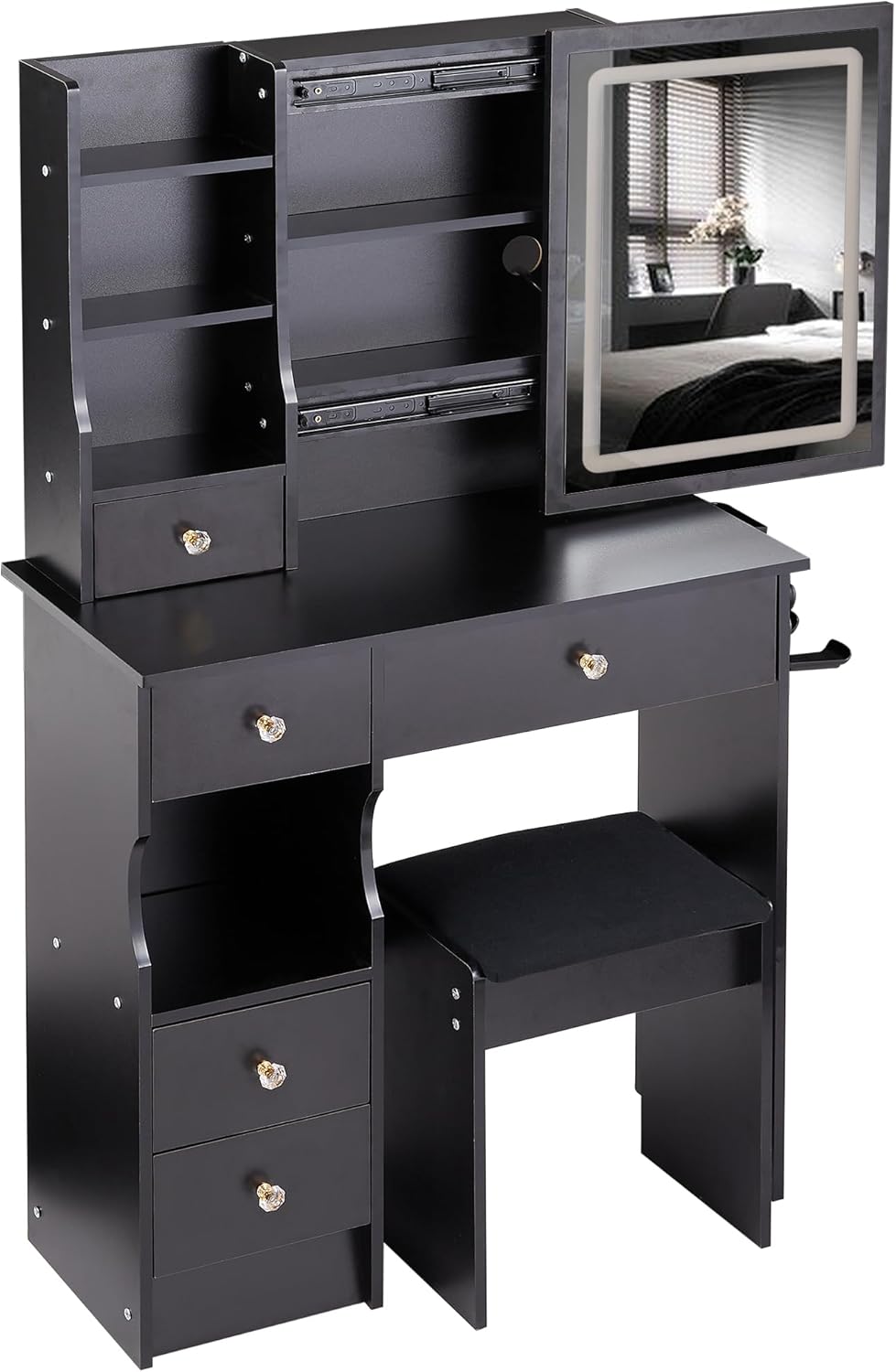Small Left Drawer Desktop Vanity Table with Cushioned Stool, 2 AC+2 USB Power Station, Sliding LED Mirror, Black