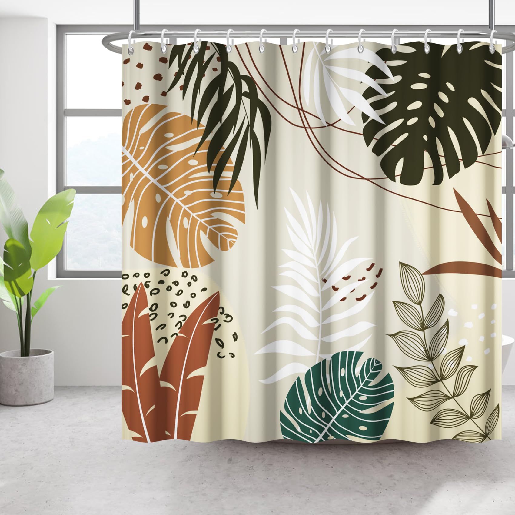 Bovlleetd 72x84inch Boho Botanical Bathroom Curtain Waterproof Abstract Plant Shower Curtain Watercolor Mid-Century Tropical Plant Shower Curtains Washable Bathtub Decorative Curtain — image 1
