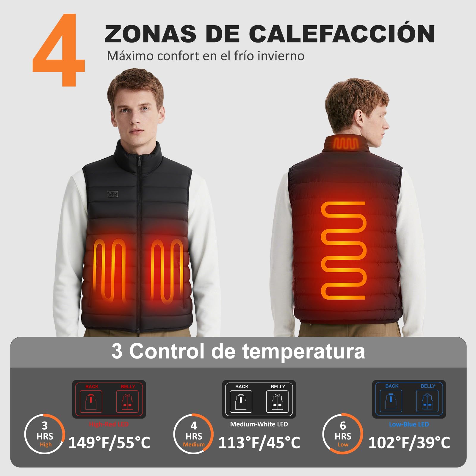 seenlast Chaleco Calefactable Hombre Mujer con Batería, 4 Zonas Calefactables 3 Niveles Temperatura Ajustables, Lavable, Chaleco Térmico Sin Mangas Ligera de Invierno para Exteriores