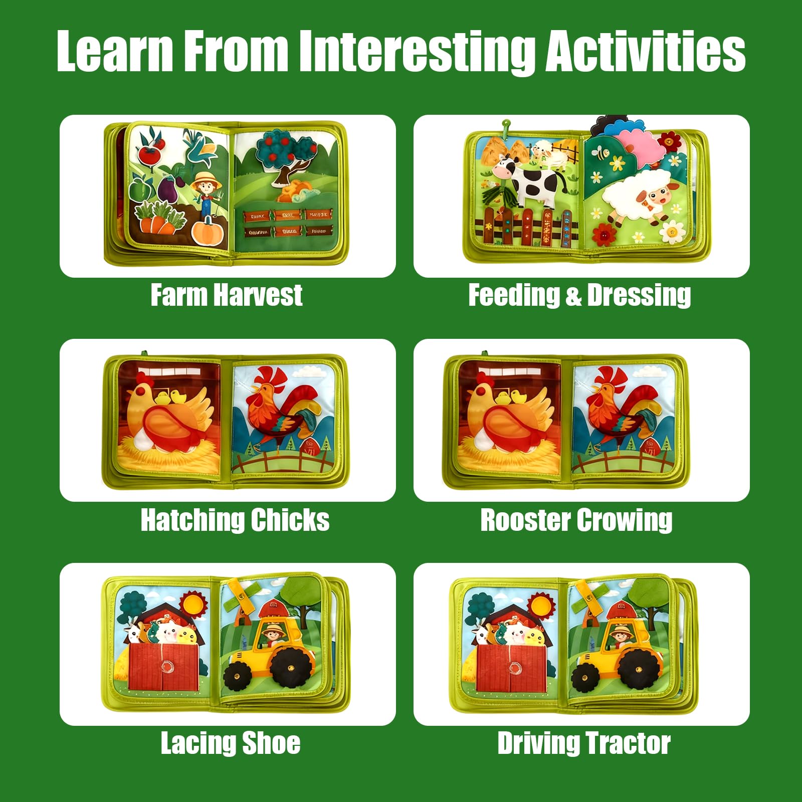 Montessori Farm Story Book Busy Board 20-in-1 Sensory Activity Book Durable Felt Educational Busy Book Travel-Friendly Hands-On Learning Kit Developmental Farm Themed Montessori Board for Gifting - Image 4