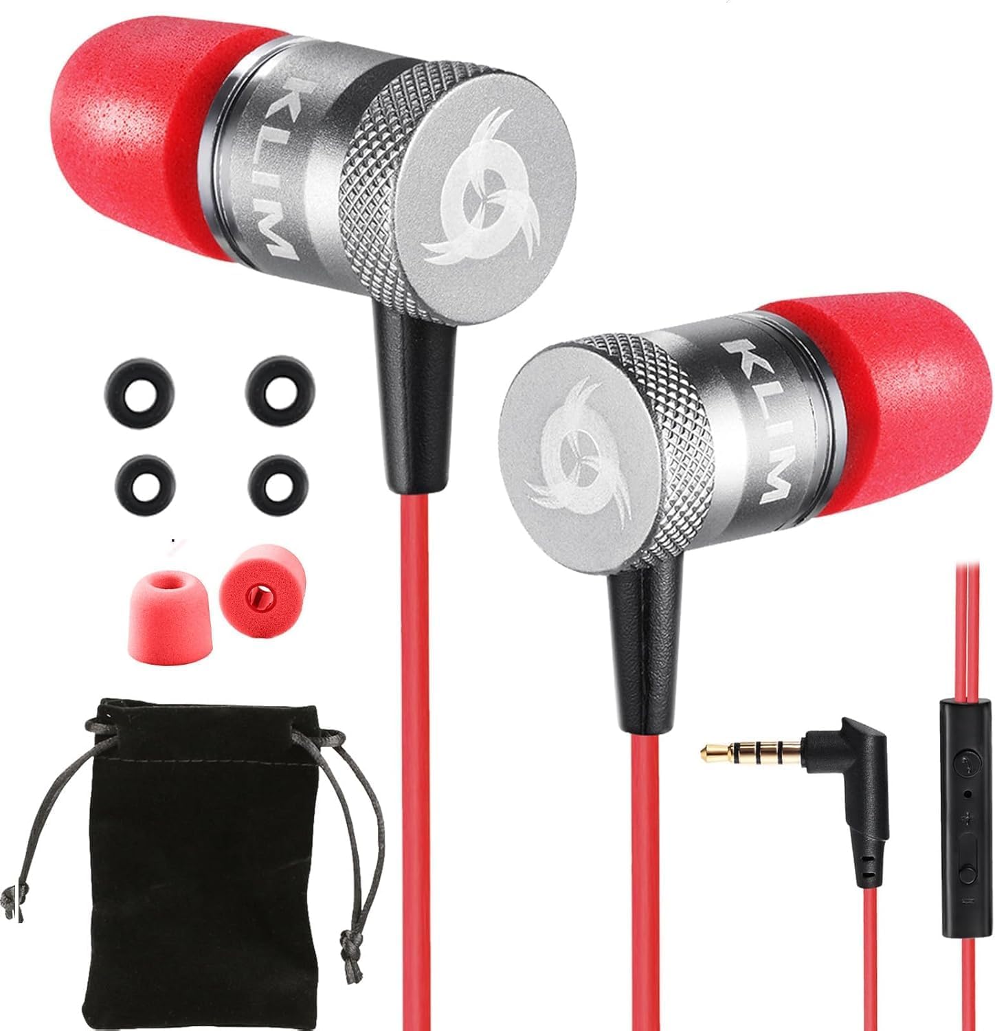 Klim Fusion - in Ear Headphones with Mic + Excellent Audio Quality + Long-Lasting Ear Buds + 5 Years Warranty + Wired Headphones with Memory Foam Tips + 3.5 mm Jack + New 2022 Version - Red