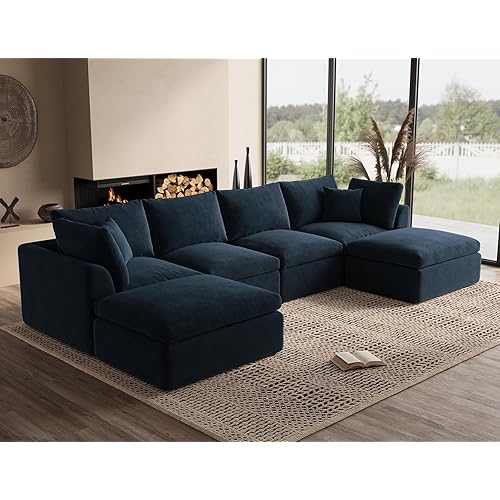 ohllob 140" U Shaped Couch, Cloud Sectional Couches for Living Room, Boneless Couch with Ottoman, Oversized 4 Seater Modular Sectional Sofa, Dark Blue