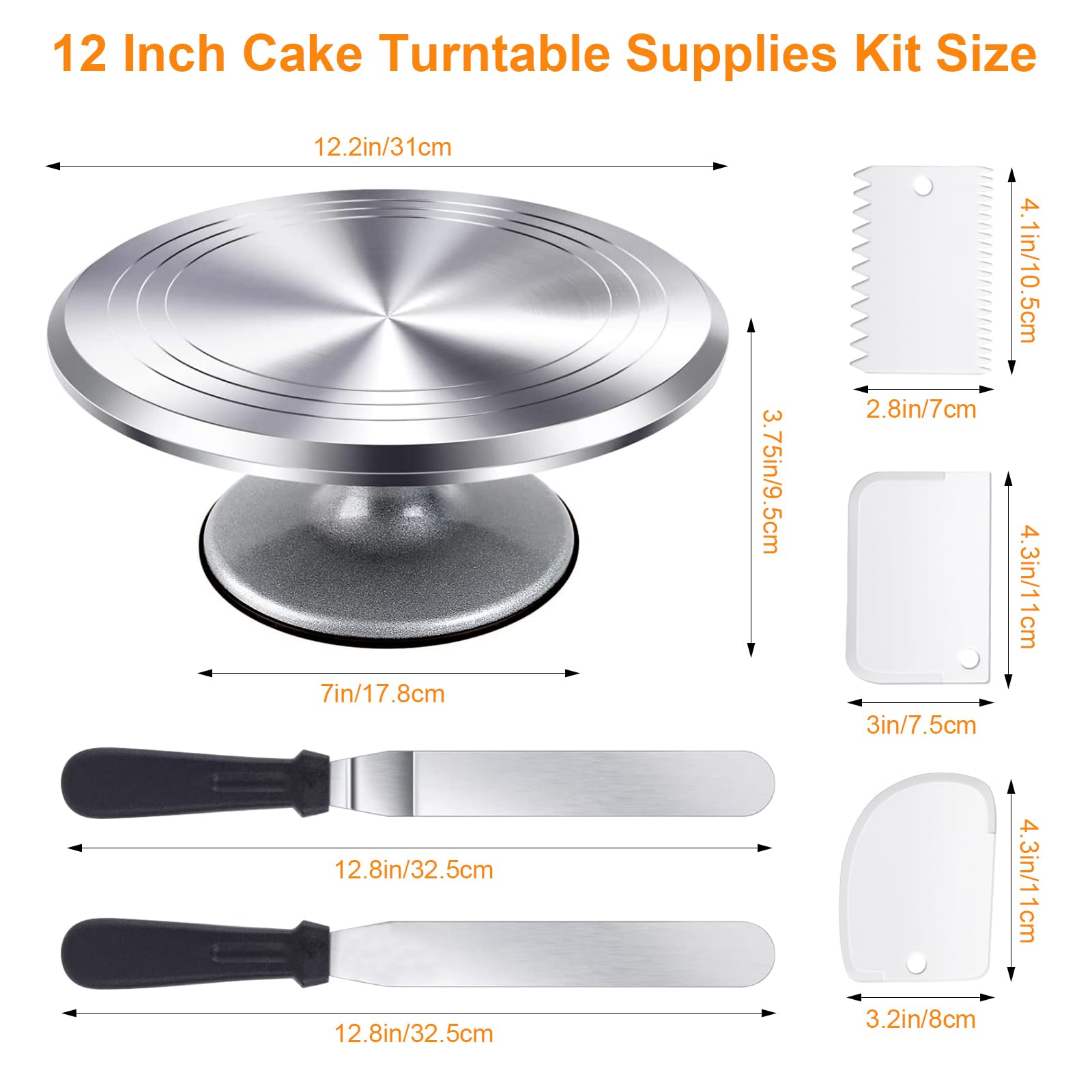 Uten Kit di accessori per la decorazione di torte con piatto girevole da 30,5 cm, 33 pezzi, in alluminio, strumenti da forno con 20 punte per glassa, sacchetti, 3 spatole dritte e offset, spatola in