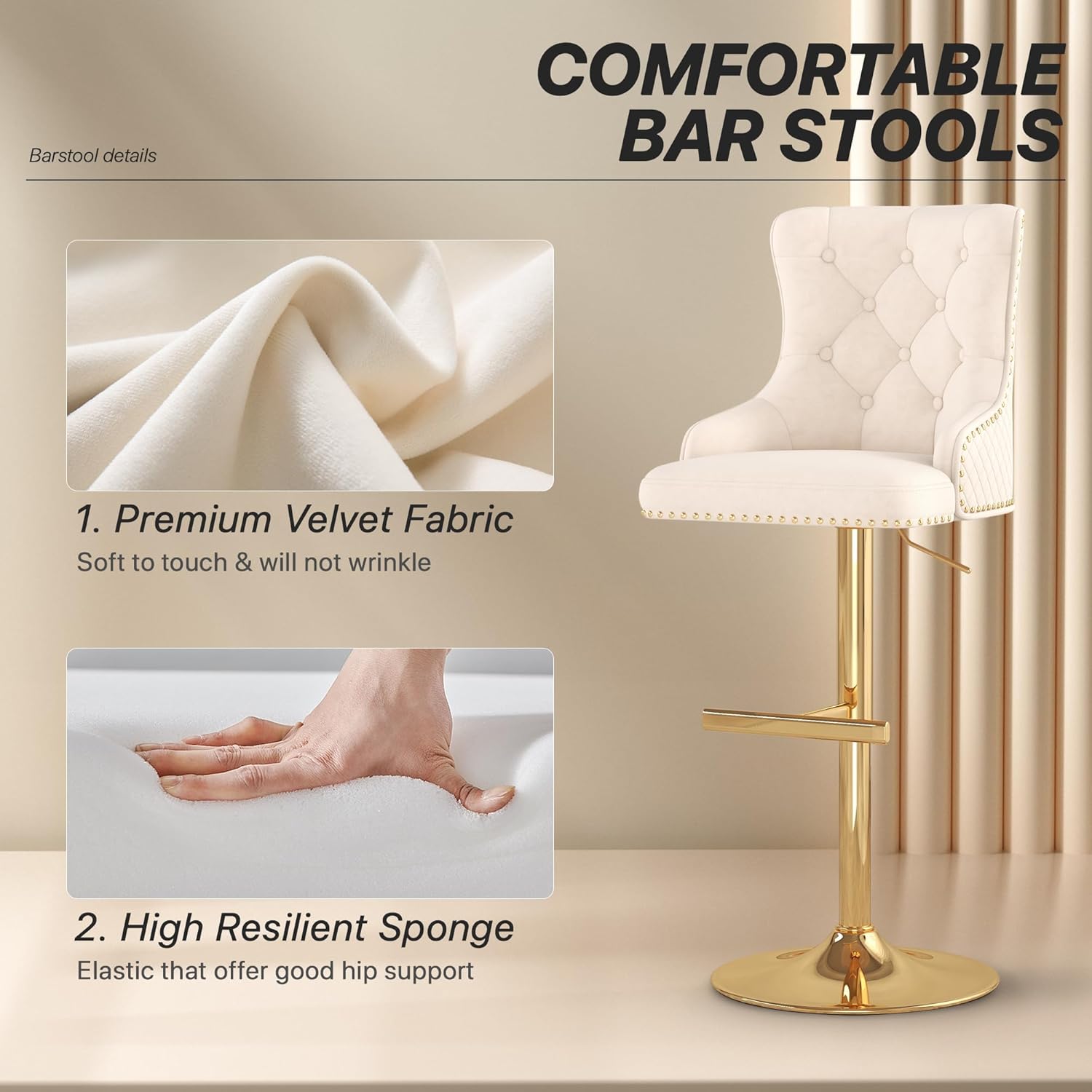 ABET Bar Stools Set of 4, Counter Height Stools with T Footrest, Velvet Adjustable Swivel Kitchen Island Chair with Upholstered Tufted Back, Lion Head Ring Nailhead Trim, Chrome Base, Beige