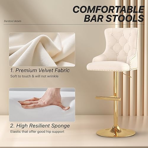 Miniatura 16 de ABET Juego de 2 taburetes de bar, taburetes de altura de mostrador con reposapiés, silla giratoria ajustable de terciopelo para isla de cocina con