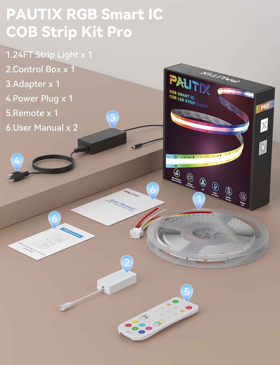 PAUTIX RGB Smart IC COB LED Strip Lights,Work with Alexa/Google Assistant,24ft/7.5m,720LEDs/m Addressable UL-Listed 24V Chasing Color Flexible Tape Light,for Cabinet,TV,Bedroom,Party DIY Decoration
