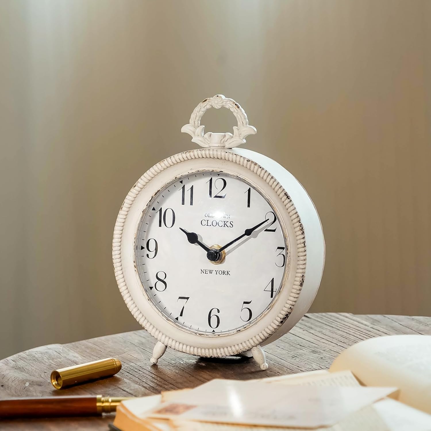 NIKKY HOME Table Clock, Vintage Desk Clock, Antique White Finish Table Clocks, Non-Ticking Battery Operated Decorative Shelf Clock for Living Room Bedroom Gift Clocks