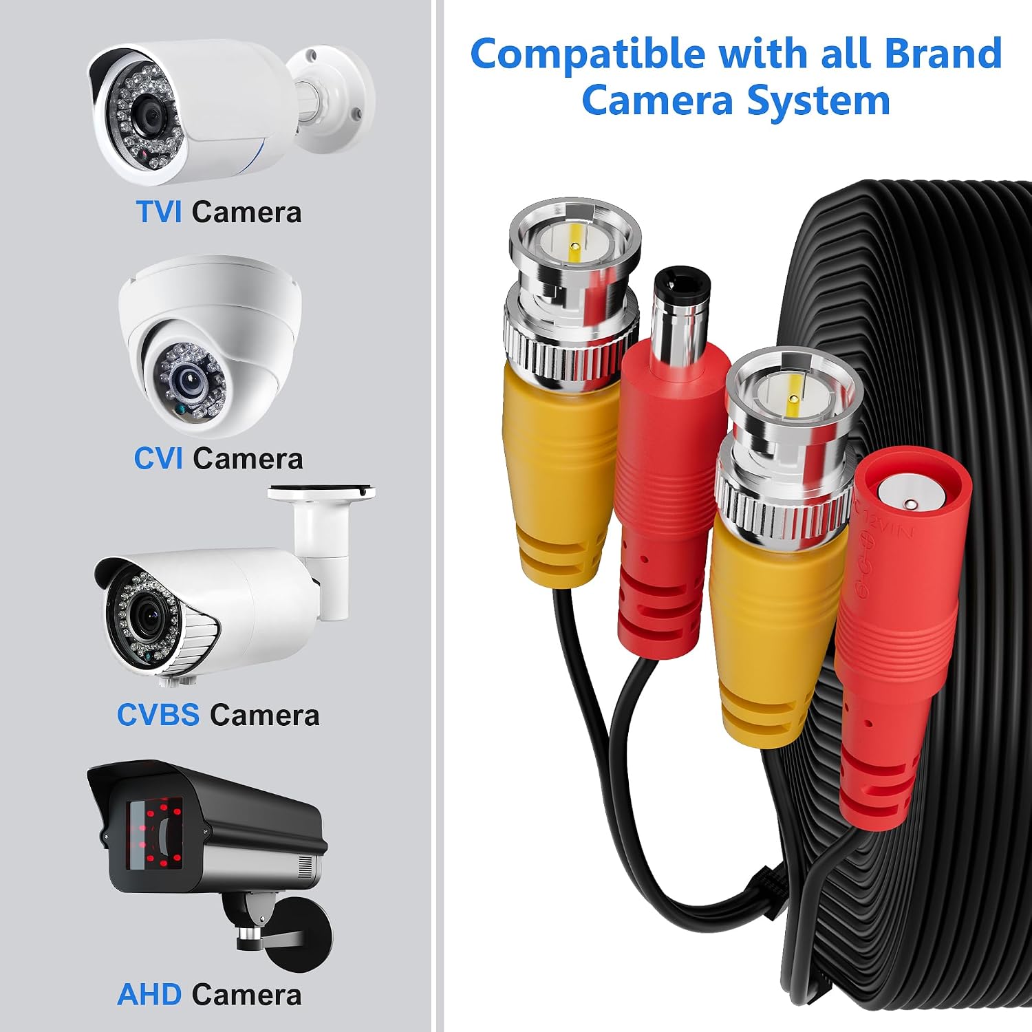 Elecan Bnc Cable 25 Ft All-in-One Siamese Video Power Security Camera Cable, Black Bnc Extension Wire Cord for All Max 5MP HD CCTV DVR Surveillance System + Clips+ Ties