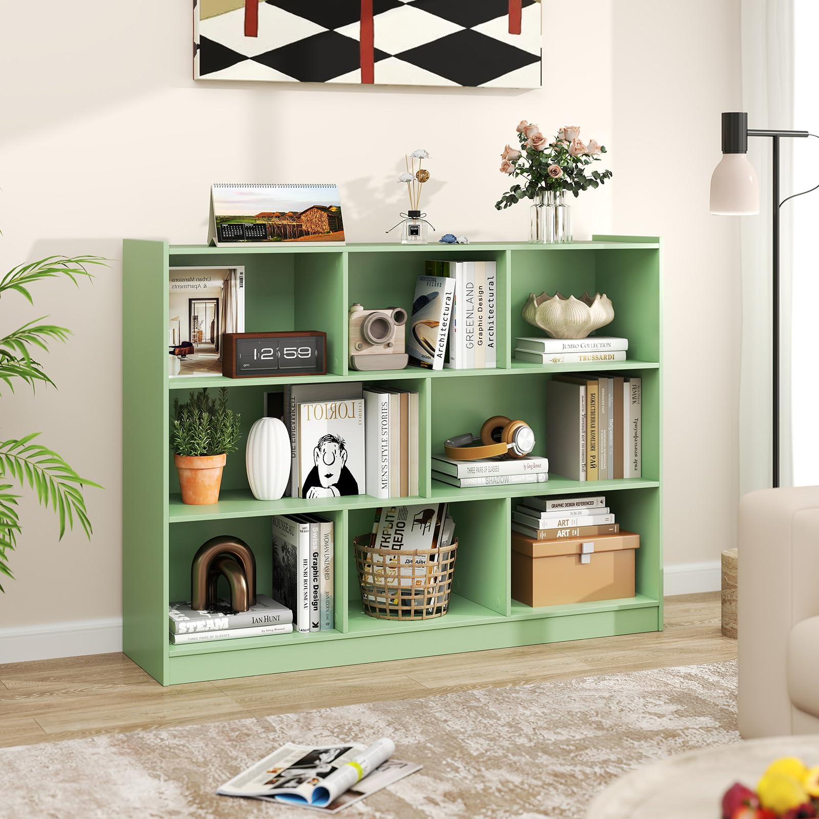 COSTWAY Libreria Scaffale da Terra con 8 Cubi, Libreria Multifunzione in Legno con Anti-ribaltamento, Salvaspazio per Cameretta, Soggiorno e Studio, Portata 220 kg, 122 x 32 x 93 cm (Verde)
