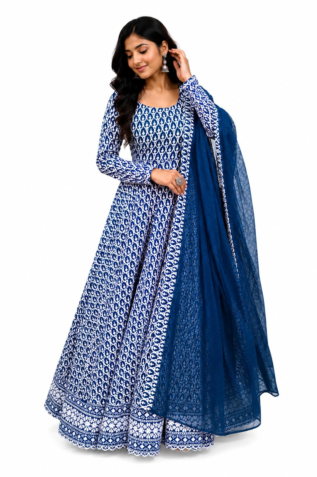 Women's Georgette Chikankari Embroidered Ethnic Gown with Dupatta, Ankle Length Flared Dress, Full Sleeves, Traditional Indian Wear-image-37