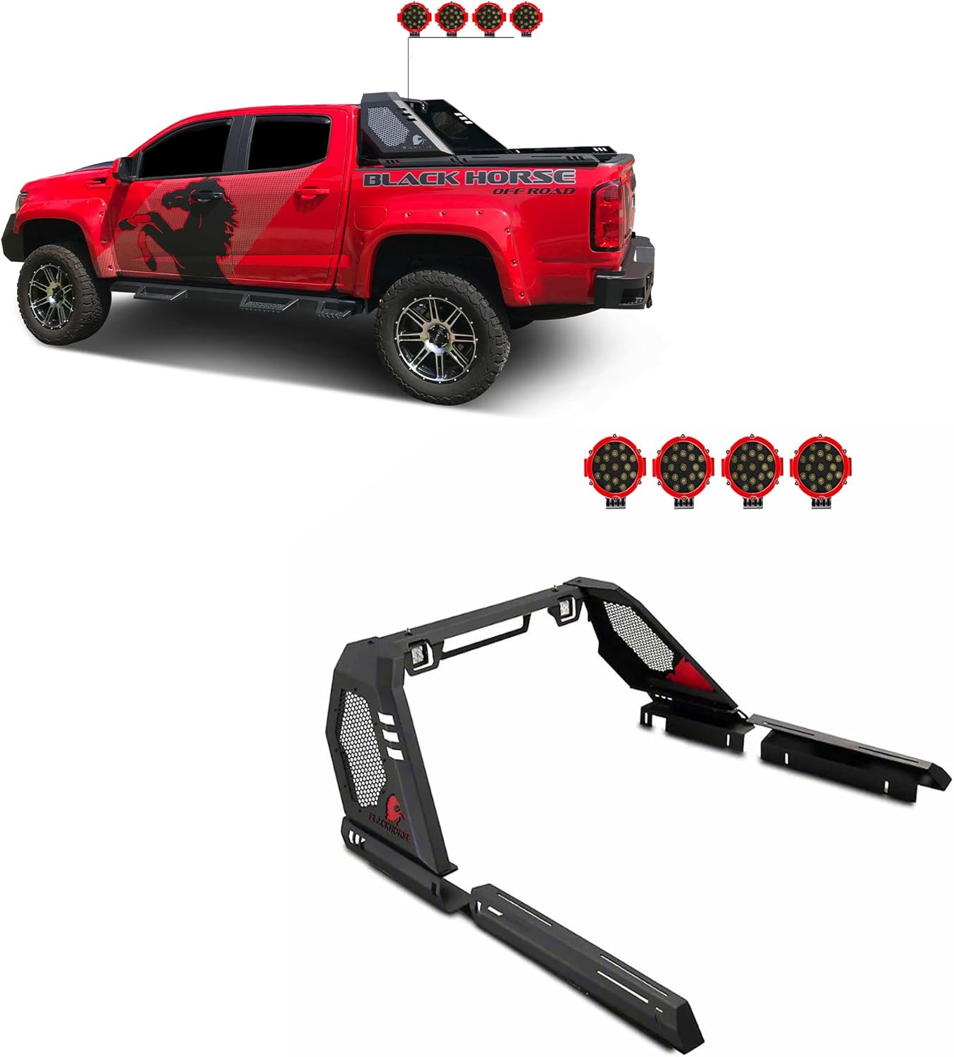 Black Horse Vigor Roll Bar Incl. Pair of 7.0" Dia. LED Lights w/Red Trim Rings Modular Black Compatible with 2015-2024 Chevrolet Colorado|2015-2024 GMC Canyon-VIRB05B-PLR