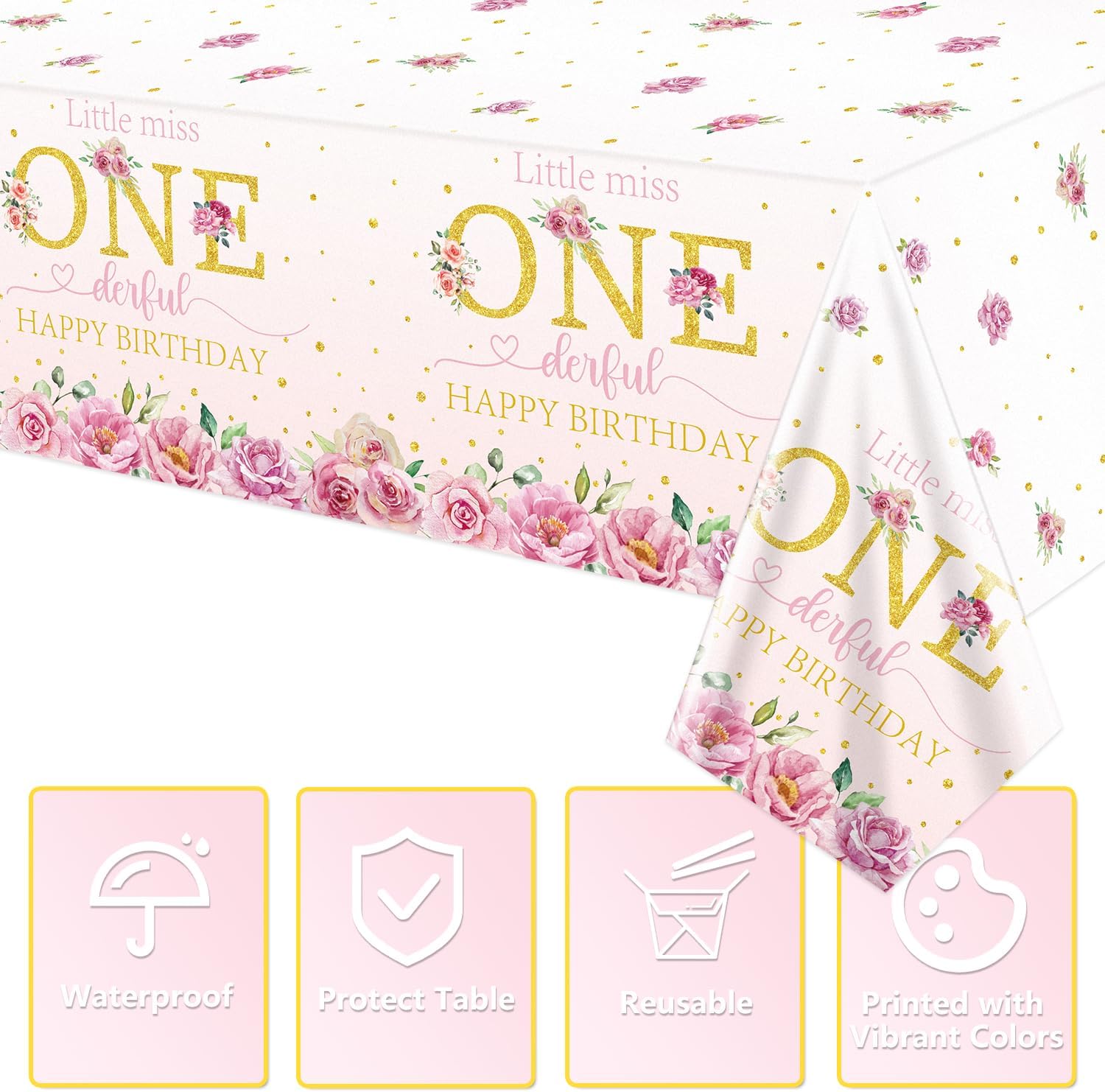Miss Onederful 4 Pack Floral 1st Birthday Tablecloths, 51x87'' Plastic Disposable Flower Table Covers for Girls' First Birthday Party Decorations