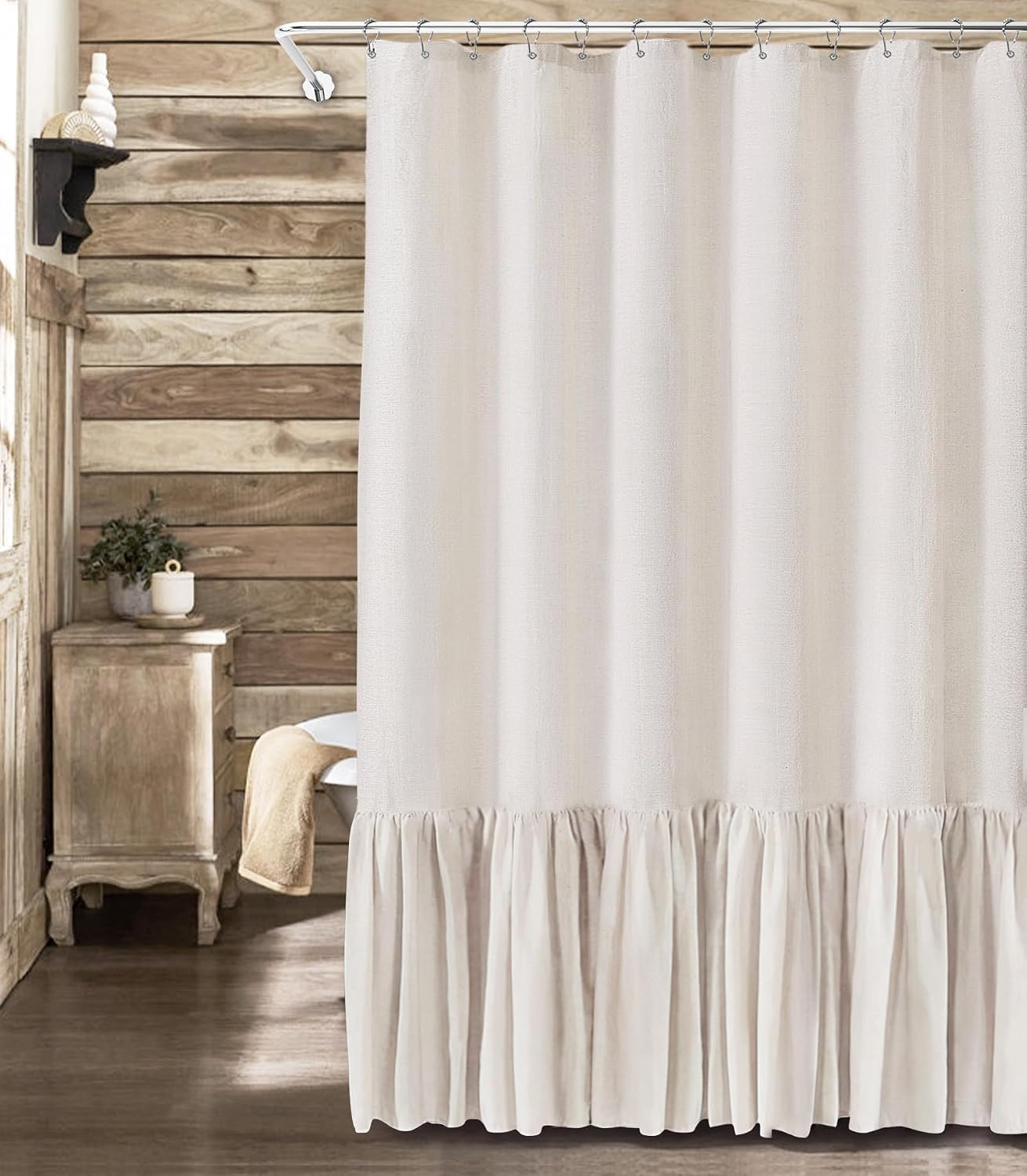 Farmhouse Ruffle Hem Shower Curtain 183x198cm Linen Style Vintage Rustic Bathroom Decor，Beige