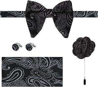Black,Silver Large Pretied Bowtie Men Paislry Clip-On Adjustable Tall-Plus-Size Franch Cuff Shirt Large Bow Ties Pocket-Square Cufflink Lapel Pin Set Wedding C.C.O.AM.004 Cotton Black