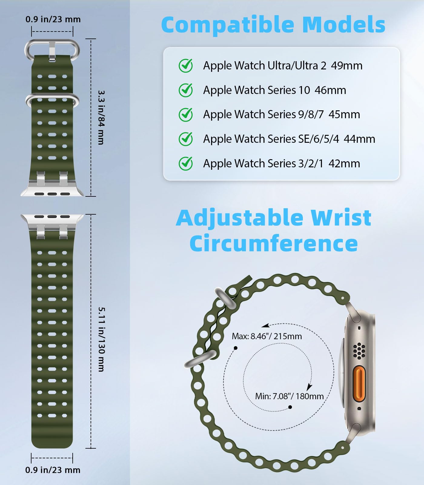 MoKo Bracciale Migliorato in Silicone Sport Oceano per Apple Watch 49mm/46mm/45mm/44mm/42mm - Serie 10/9/8/7/6/5/4/3/SE2/SE/Ultra2/Ultra - Unisex