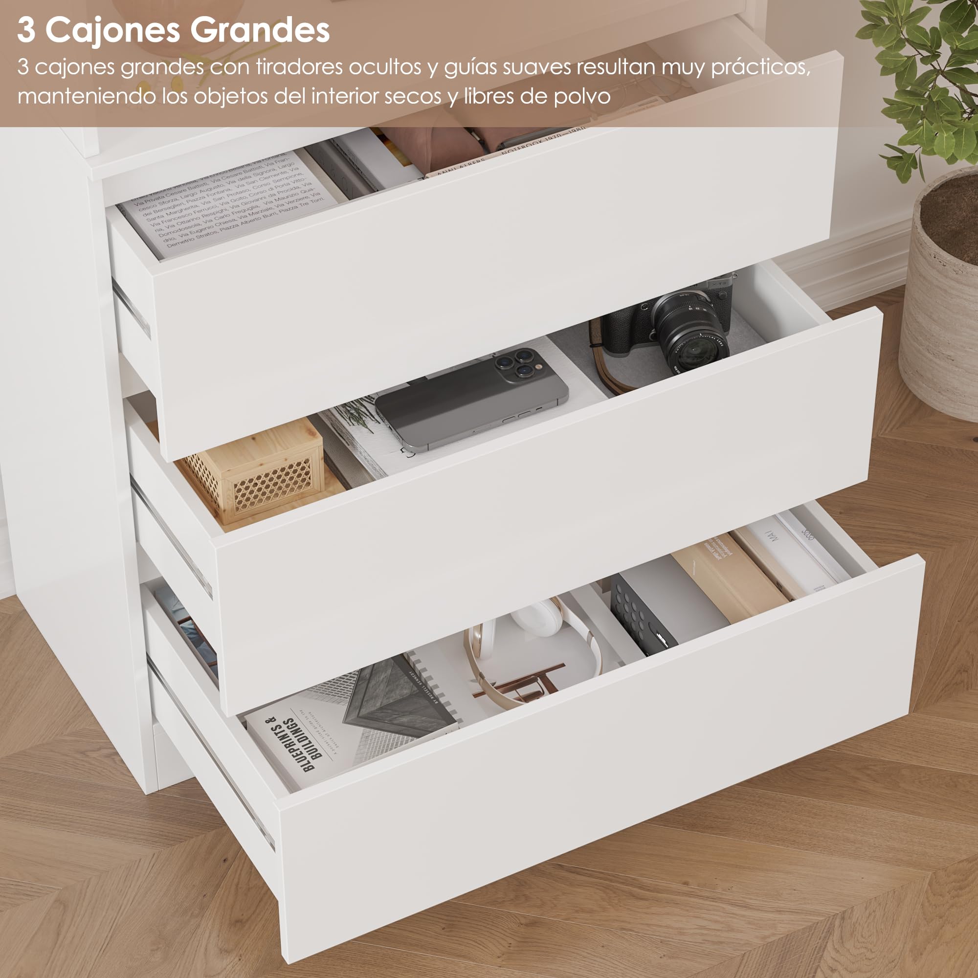 FirFurd 202cm Estantería con 3 Cajones, Estantería Libros, Librería, Estante, Mueble Almacenaje, para Oficina, Salón, Estudio, Comedor, Alta, 4 Compartimentos, Estantes Ajustables, Blanco, 60x35x202cm