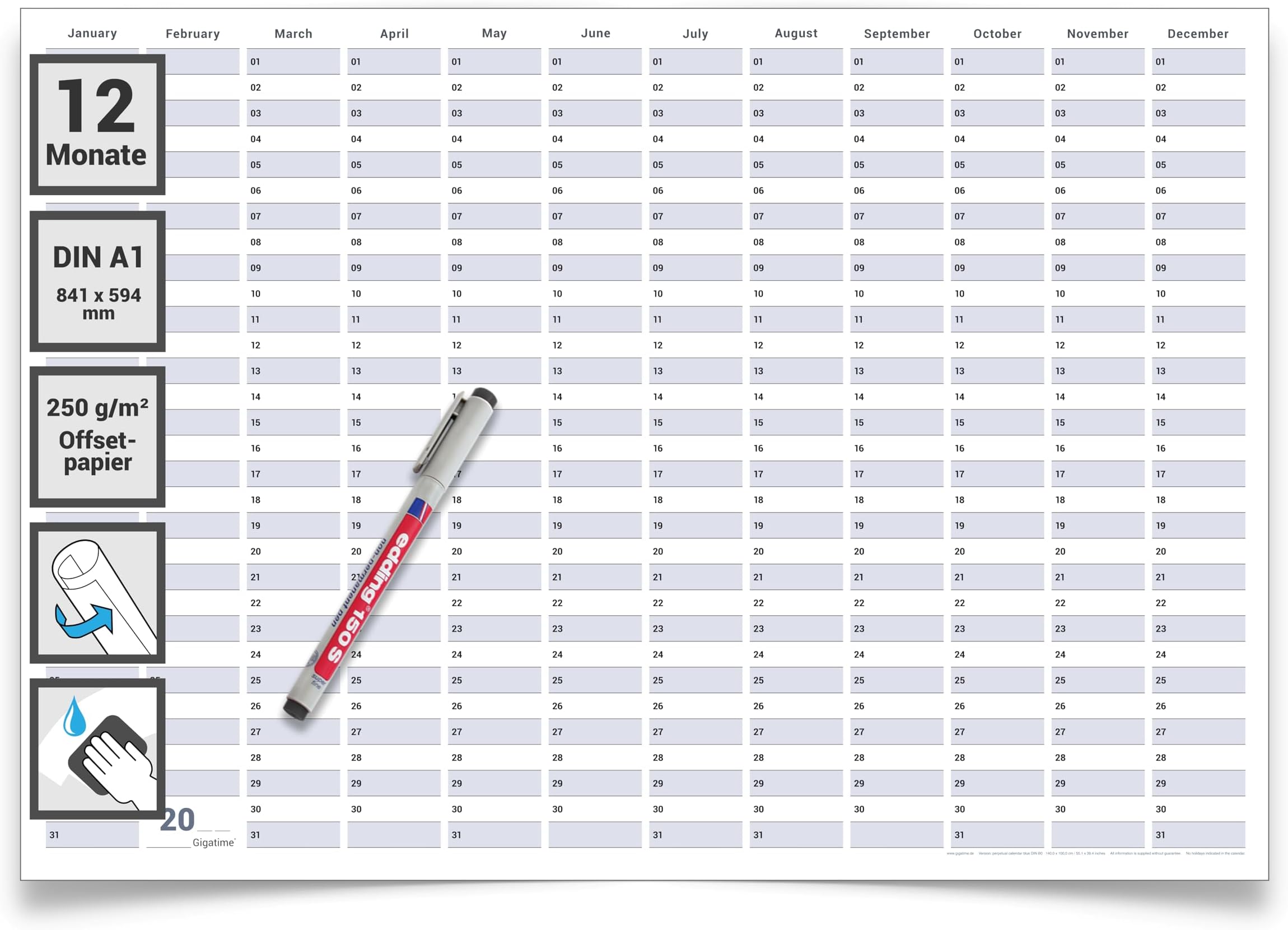 Kalenderoutlet ® DIN A2 Abwischbarer Dauerkalender Geburtstagskalender