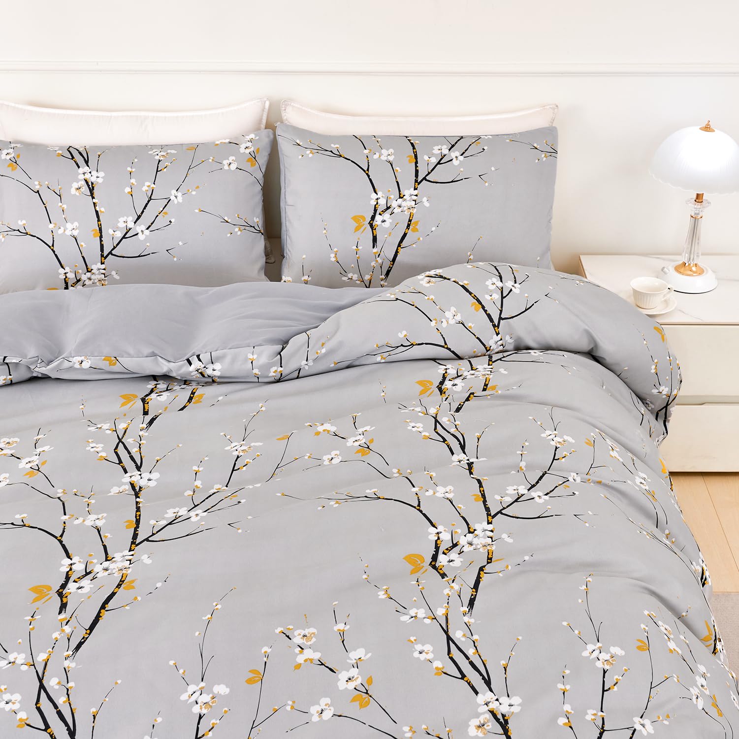 Jemiipee Set Copripiumino Floreale Letto Matrimoniale Motivo a Fiori e Rami, 1 x Copripiumino 220x240 cm e 2 x Federe 50x75 cm Completo Sacco Parure Letto Moderno Microfibra Grigio